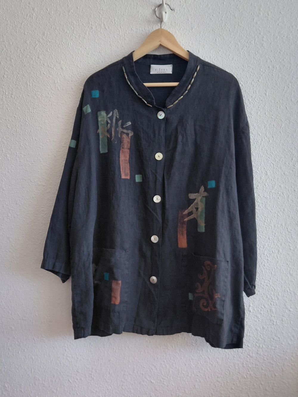 Vtg J.Jill Womens Linen Buttoned Cardigan Blazer Hieroglyphs 4/5 Sleeves